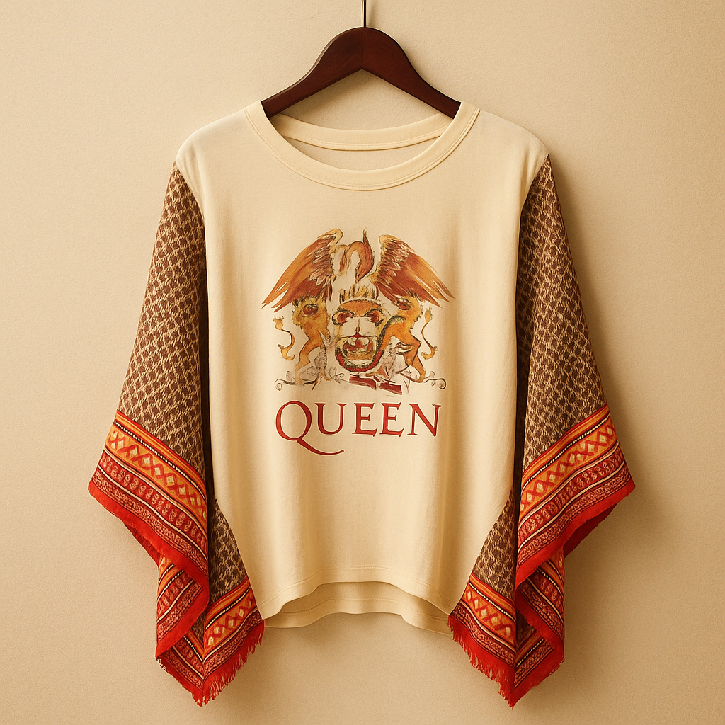QUEEN “Crest” Vintage-Wash Boho Poncho Tee