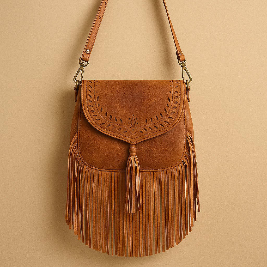 Boho Leather Fringe Crossbody Bag – Hand-Tooled & Tassel Detail