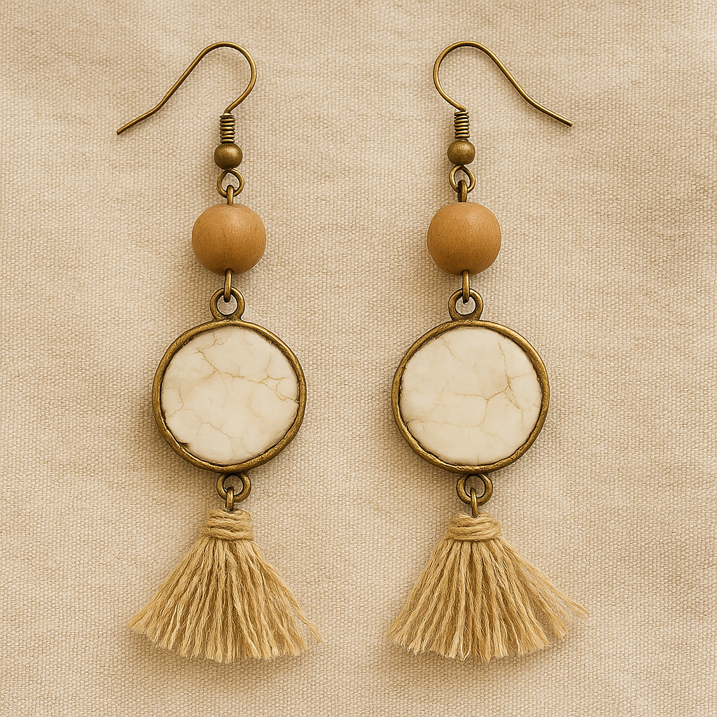 Boho Fringe Tassel Earrings – Wood, Stone & Brass Accents