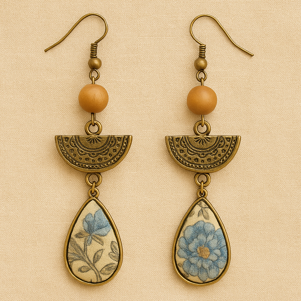 Blue Blossom Boho Earrings – Brass & Wood Accents